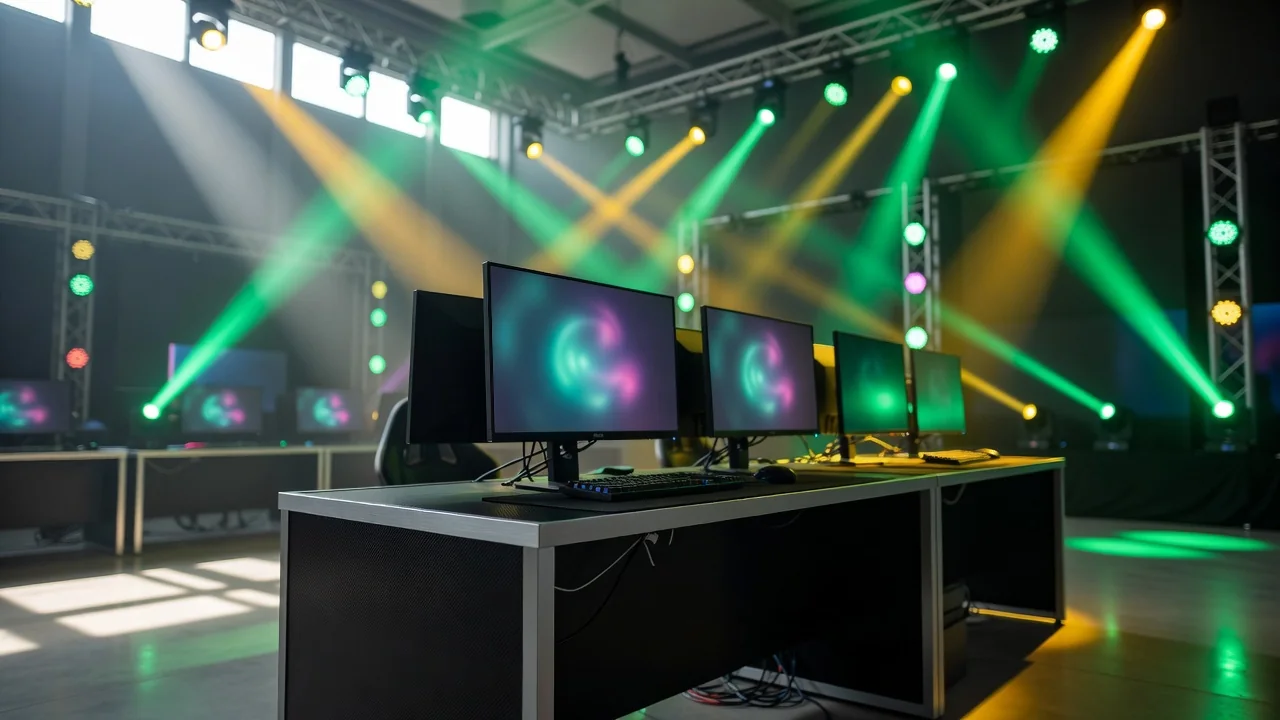 Palco de esports vazio iluminado por fachos verdes e amarelos através de névoa