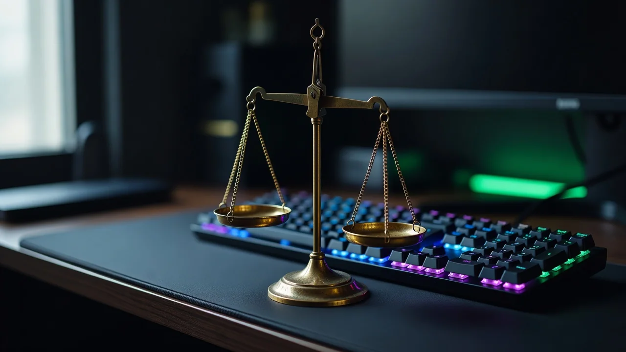 Balança antiga de latão sobre mesa de jogos com teclado RGB ao fundo
