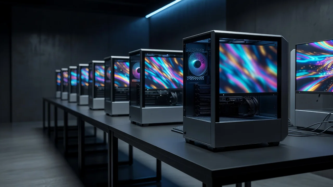 Fileira de computadores idênticos em sala de treinamento escura com luz azul