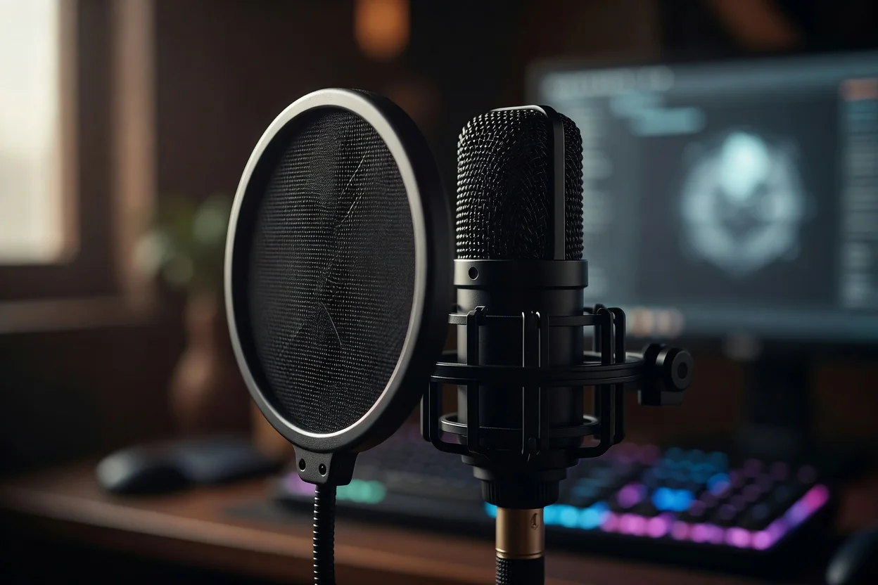 Microfone condensador com filtro pop em close com brilho de teclado RGB desfocado ao fundo