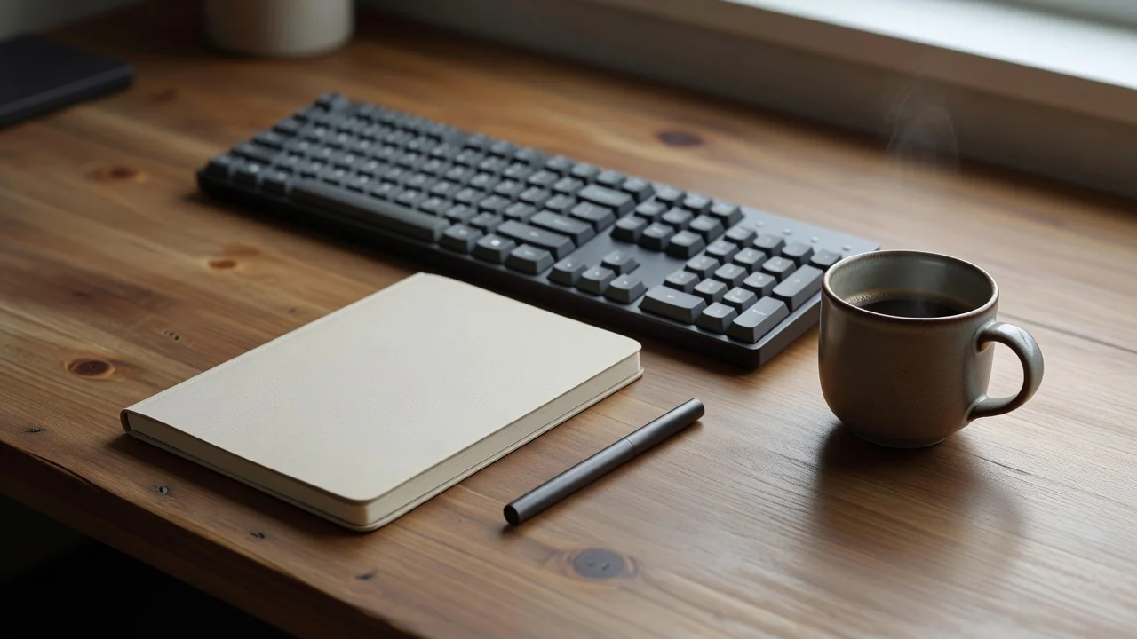 Caderno fechado e caneta ao lado de teclado mecânico e xícara em mesa de madeira