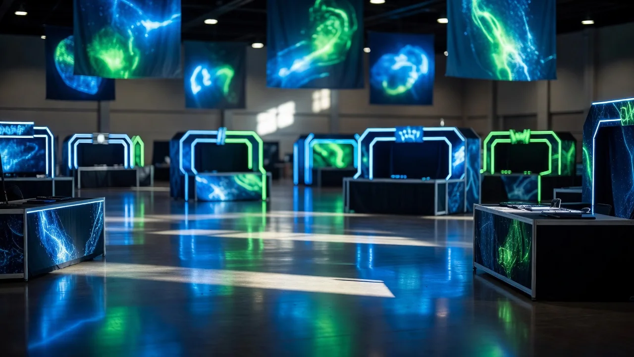 Corredor de convenção de games vazio com estandes iluminados em neon azul e verde