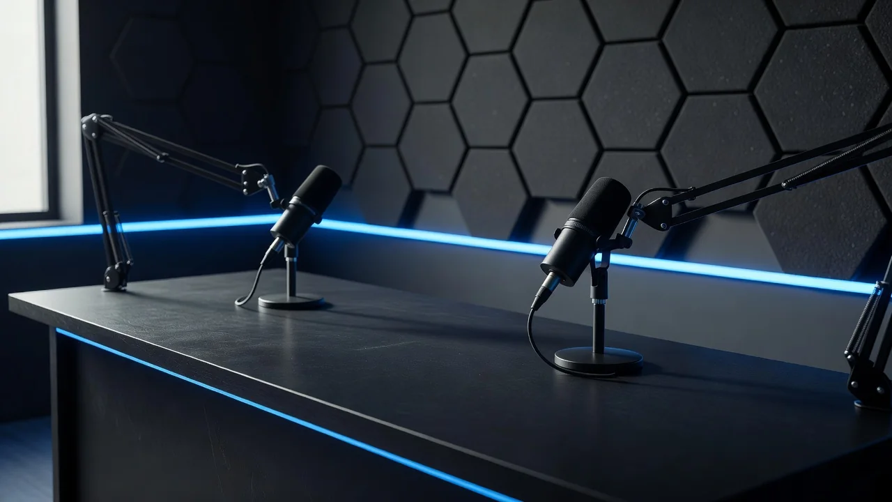 Mesa de transmissão de esports vazia com microfones e painéis acústicos sob luz azul