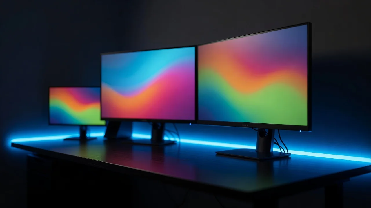 Dois monitores em setup escuro com faixa de LED azul atrás da mesa