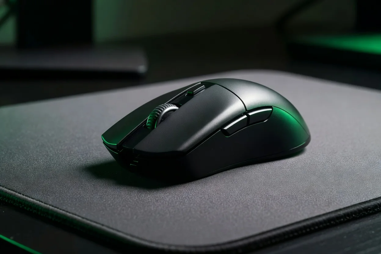 Mouse gamer profissional sobre mousepad escuro com reflexos de neon verde