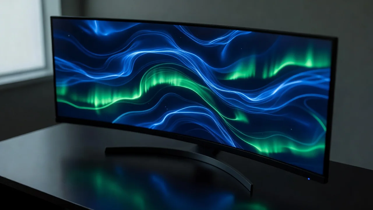 Monitor ultrawide curvo exibindo trilhas de luz azul e verde abstratas em mesa escura