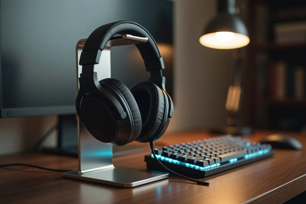 Headset gamer em suporte metálico ao lado de teclado iluminado em ambiente escuro