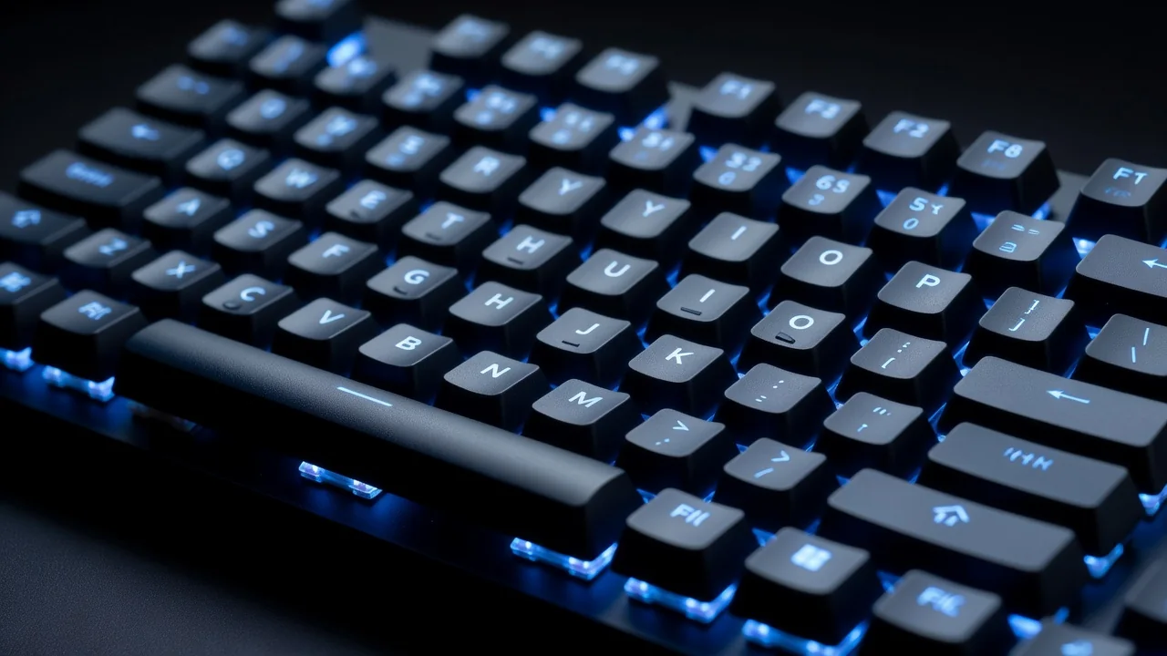 Teclado mecânico com iluminação RGB azul em close extremo sobre fundo escuro