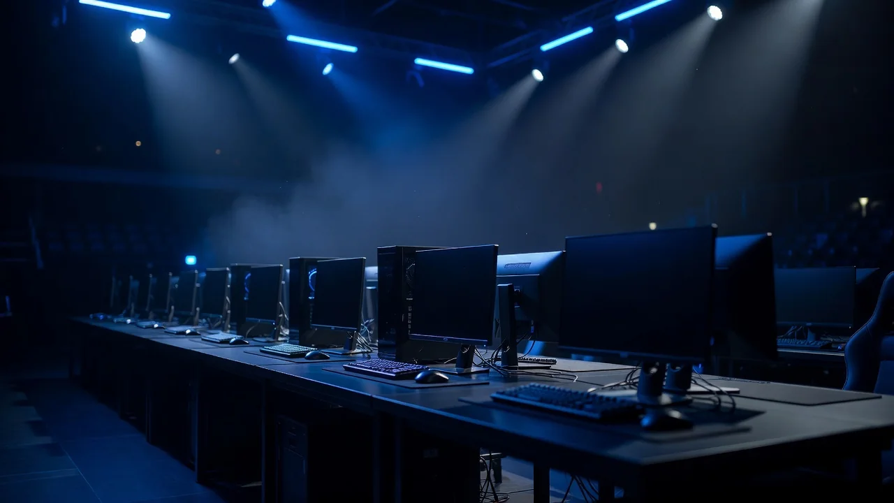 Palco de arena de esports vazio com computadores alinhados sob luz azul