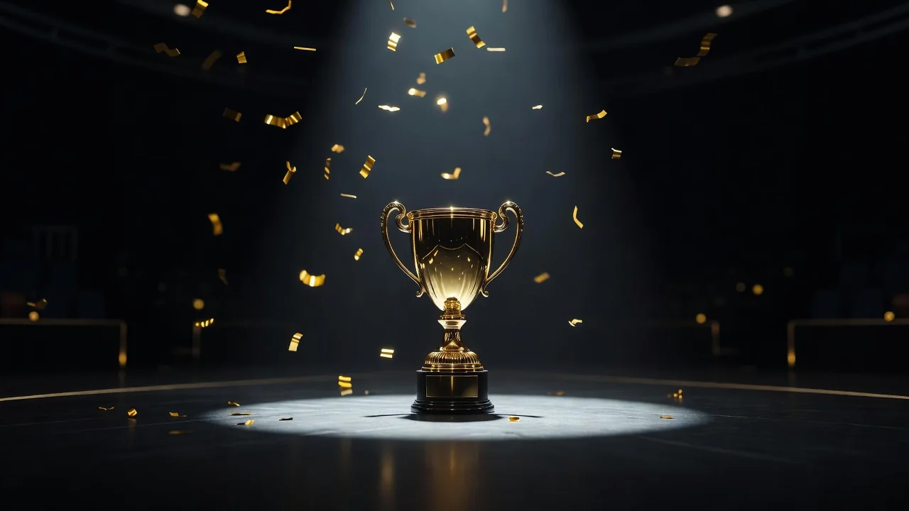 Troféu dourado de campeonato sob holofote em palco vazio com confetes