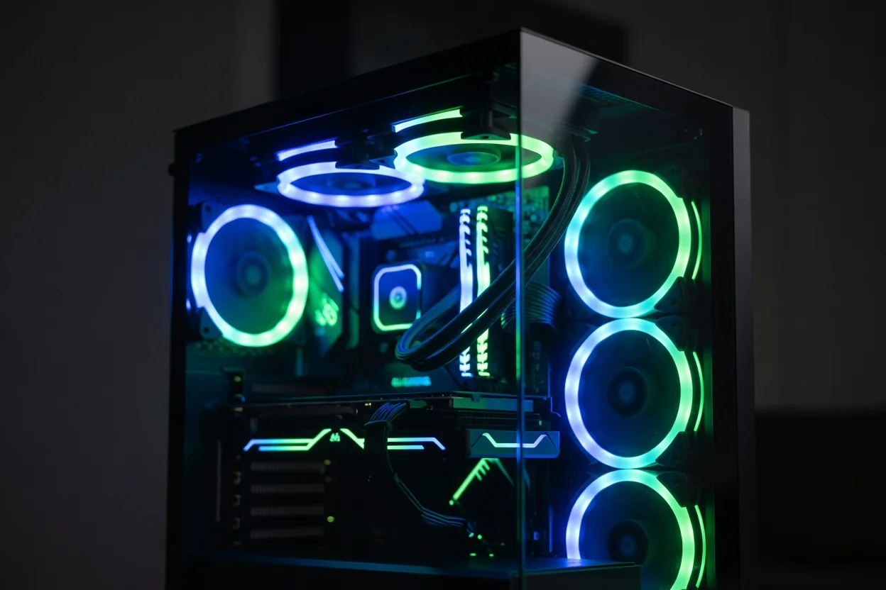 Gabinete de PC com painel de vidro mostrando componentes iluminados em azul e verde