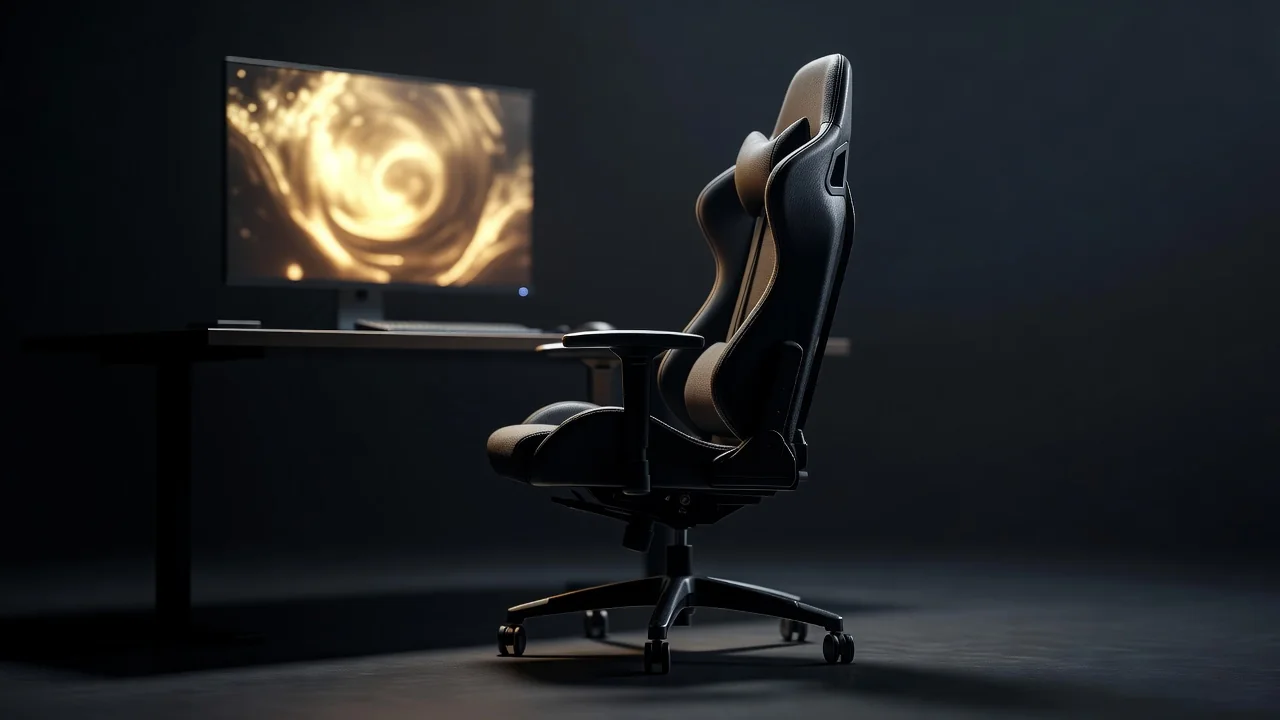 Cadeira gamer vazia diante de monitor brilhando com luz dourada abstrata em quarto escuro