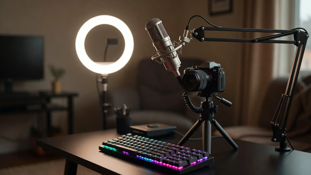 Canto de streaming caseiro com ring light, câmera em tripé e microfone em braço articulado