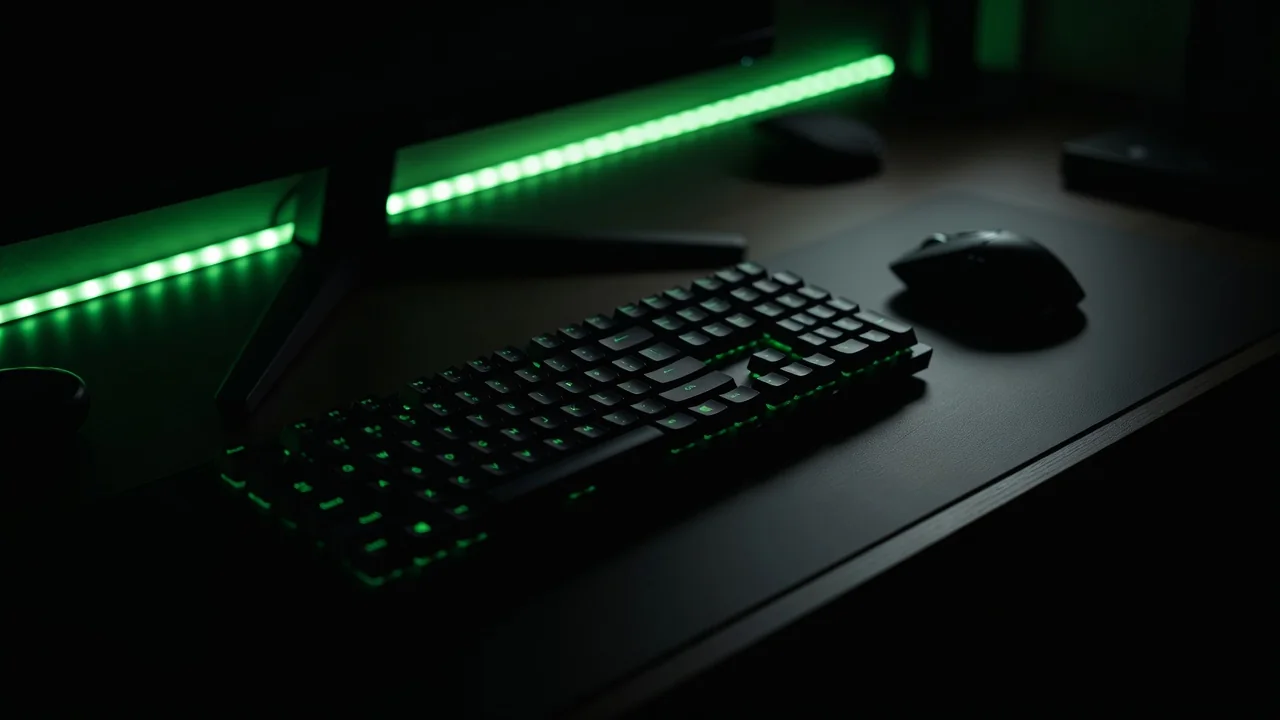 Mesa de jogos vista de cima com teclado e mouse recortados por luz de LED verde no escuro
