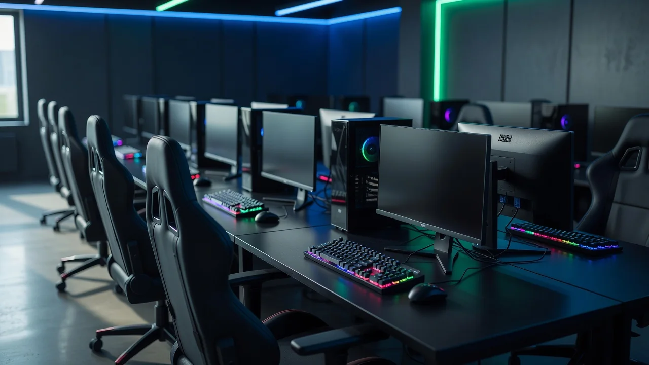 Centro de treinamento de esports com fileiras de estações de jogo iluminadas