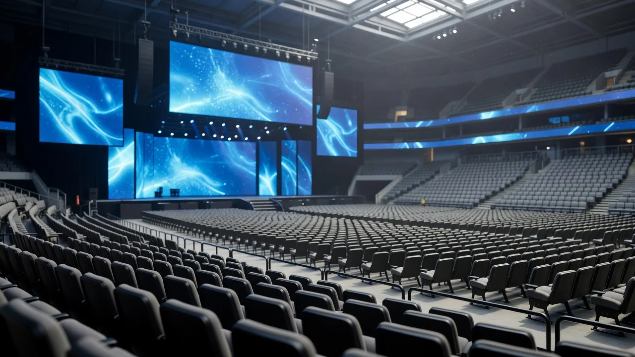 Arena de esports gigante e vazia com telões brilhando em azul abstrato